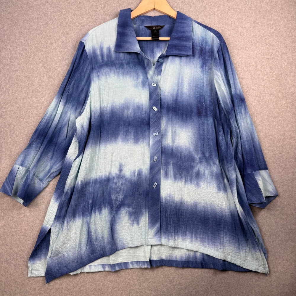 Ali Miles Top Womens XL Blue Tie Dye Striped Crinkle Back Buttons Tunic Artsy